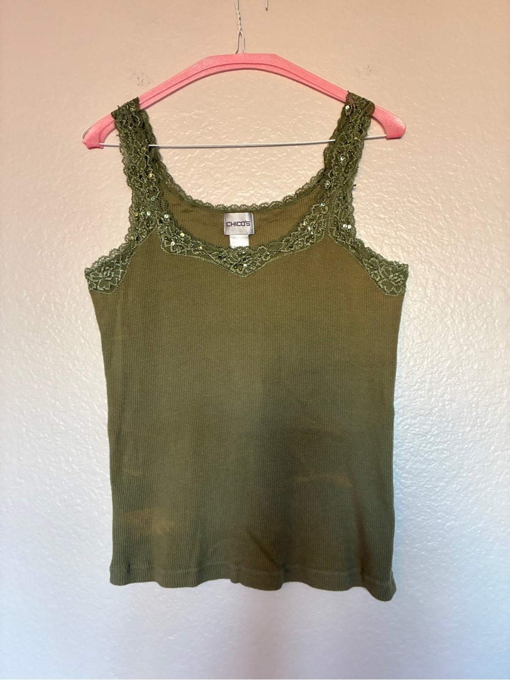Chico's Women's Olive Green Ribbed Cotton Tank Lace Trim Sequin Size 1 (M) Y2K
